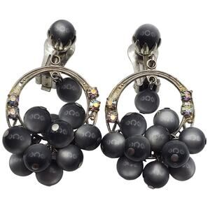 Gray Moonglow Clip Earrings Beaded Cats Eye Cha Cha Drop Dangle AB Rhinestone